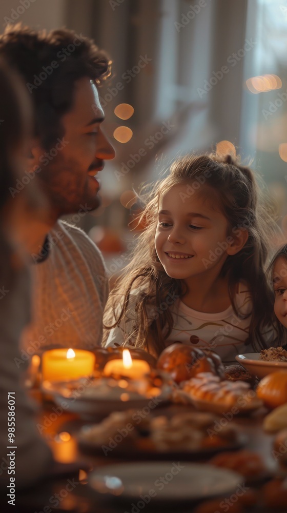 Family sharing a warm meal together during a cozy evening, surrounded by candles and soft lighting.