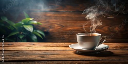 Steaming cup of coffee on a wooden table with copy space