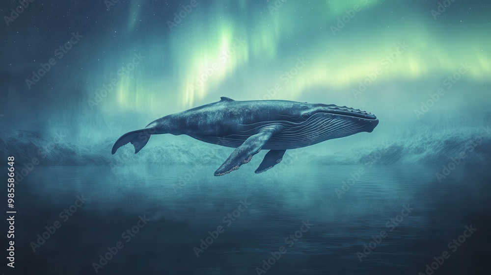 Fototapeta premium Whale Gracefully Gliding Under Northern Lights