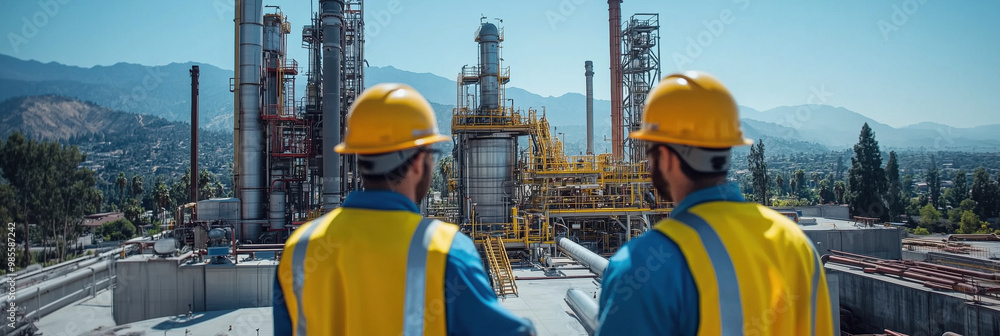 Two engineers in safety gear inspect heavy industry site with machinery Two engineers in safety gear inspect heavy industry site with machinery