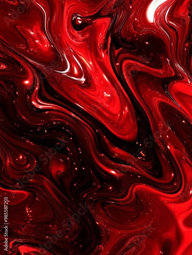 A vibrant display of red and black colors blends seamlessly, forming a dynamic, flowing abstract design with glossy highlights