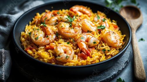 Shrimp and Rice Dish in a Black Bowl