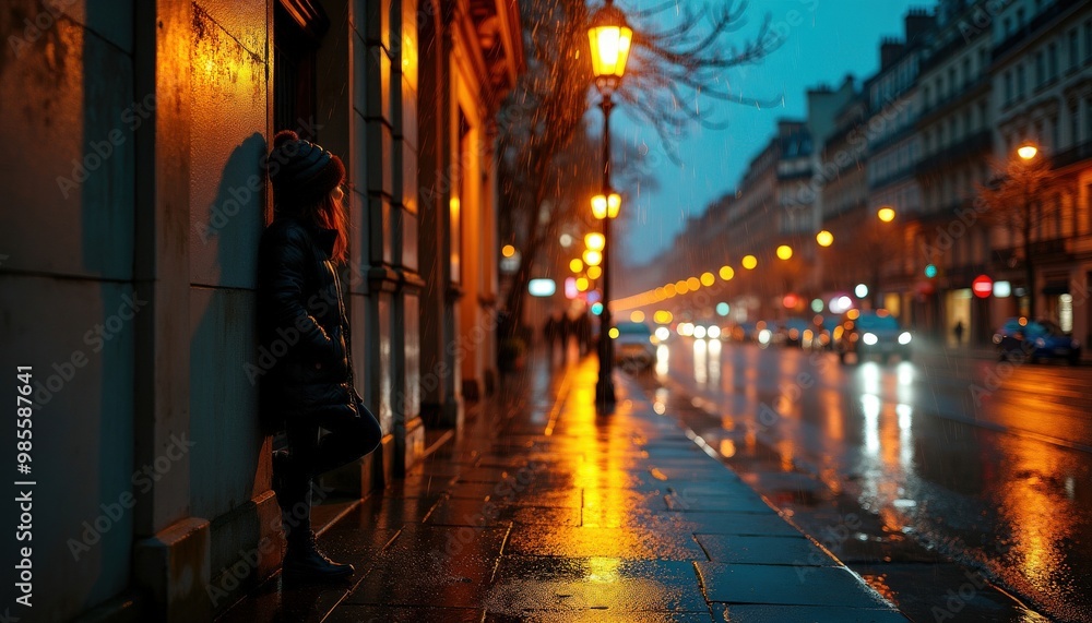 Un jeune femme prend le temps de savourer l'ambiance nocturne de sa rue aux beaux éclairages. Un jeune femme prend le temps de savourer l'ambiance nocturne de sa rue aux beaux éclairages.