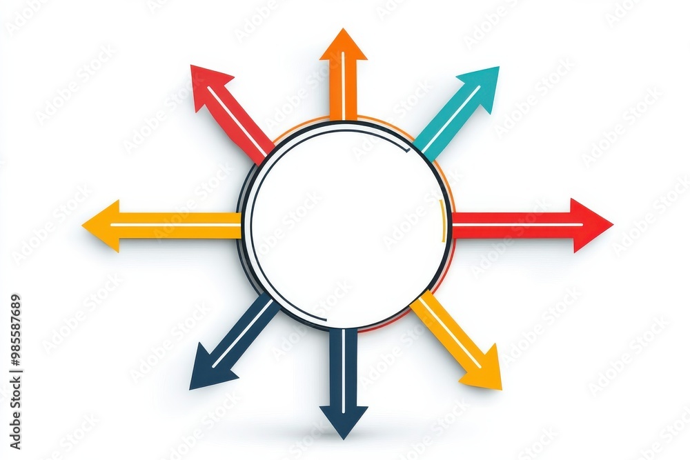 Colorful flat-style illustration of arrows pointing in multiple directions with a central circle symbolizing diverse paths and decision-making. Colorful flat-style illustration of arrows pointing in multiple directions with a central circle symbolizing diverse paths and decision-making.