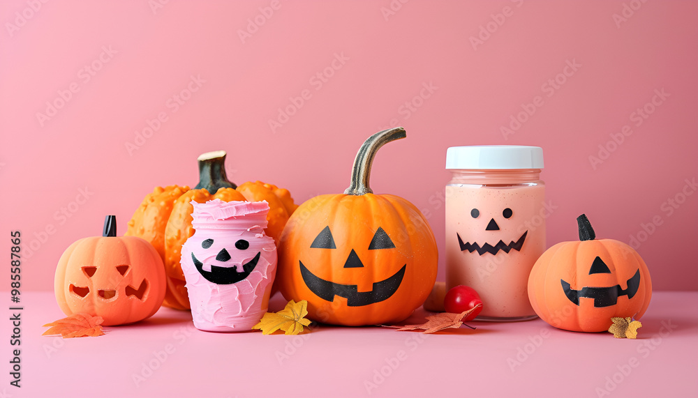 Funny pumpkins with drawn faces, clay masks and jar of cosmetic product on color background Funny pumpkins with drawn faces, clay masks and jar of cosmetic product on color background