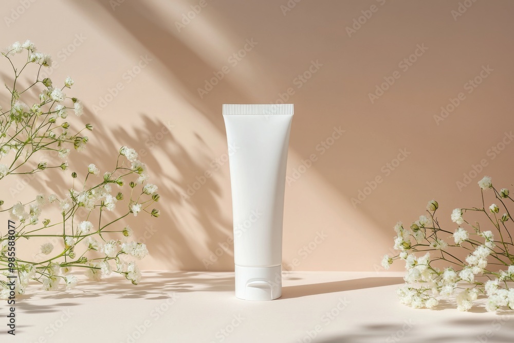 minimalist photo of white blank cosmetic tube cream mockup on beige background with shadows and flowers minimalist photo of white blank cosmetic tube cream mockup on beige background with shadows and flowers