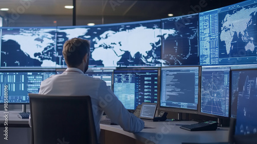 A man is sitting in front of a computer monitor with a map of the world on it