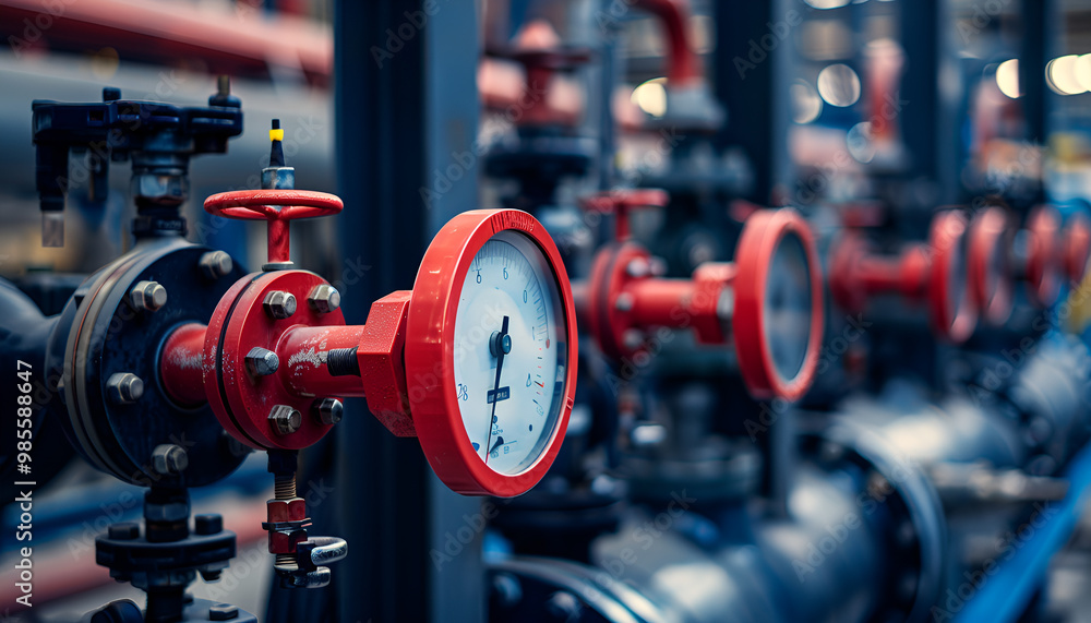 Intricate gauges and red valve on a sophisticated industrial pipeline Intricate gauges and red valve on a sophisticated industrial pipeline