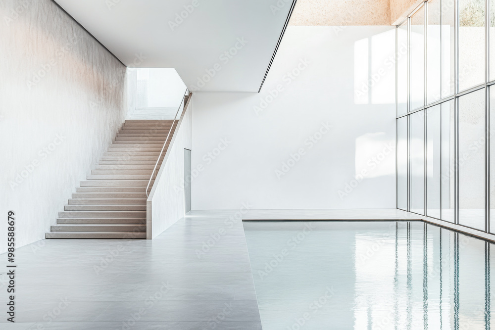 Fototapeta premium Modern minimalist interior with stairs beside an elegant pool and large glass windows in a serene architectural space