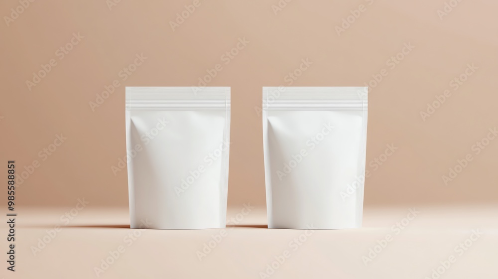 Two White Blank Stand Up Pouches on Tan Background Two White Blank Stand Up Pouches on Tan Background