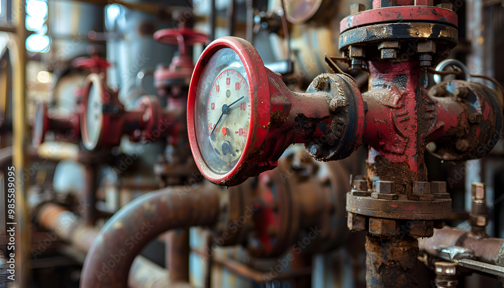 Intricate gauges and red valve on a sophisticated industrial pipeline Intricate gauges and red valve on a sophisticated industrial pipeline