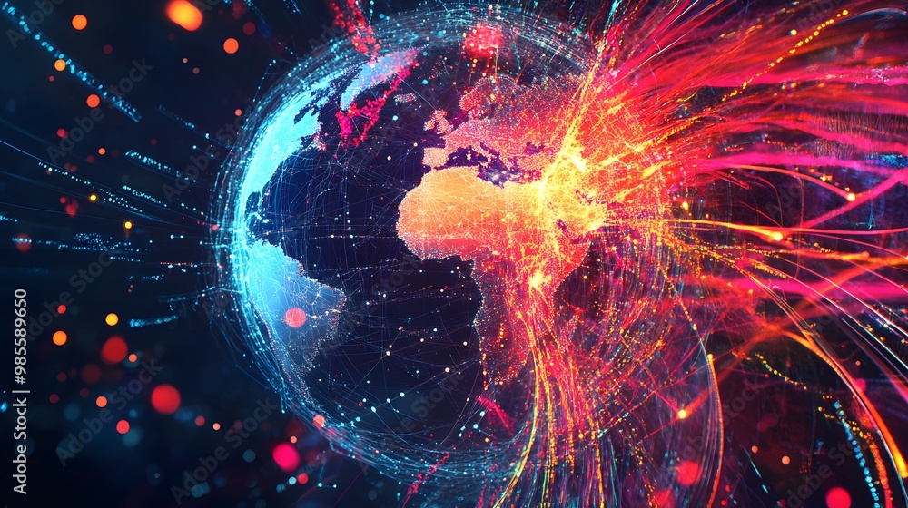 An abstract illustration of an AI network expanding across the globe, with intense bright lines representing its rapid growth, creating a sense of fearful excitement. An abstract illustration of an AI network expanding across the globe, with intense bright lines representing its rapid growth, creating a sense of fearful excitement.