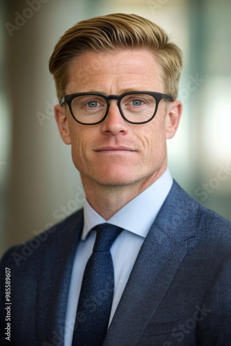 A sharp-dressed individual with glasses poses confidently, showcasing a professional look in an office environment