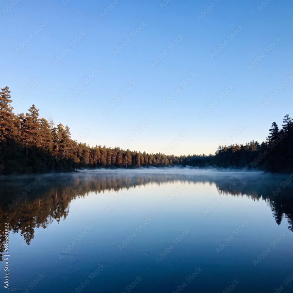 Fototapeta premium a serene lake surrounded by towering pine trees with mist rising from the water as the sun begins