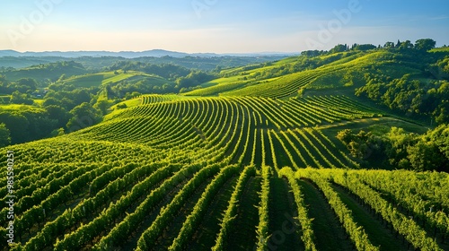 Drone shot of a modern vineyard, perfectly organized rows of grapevines, with irrigation lines visible on the sloping hillsides under a clear blue sky