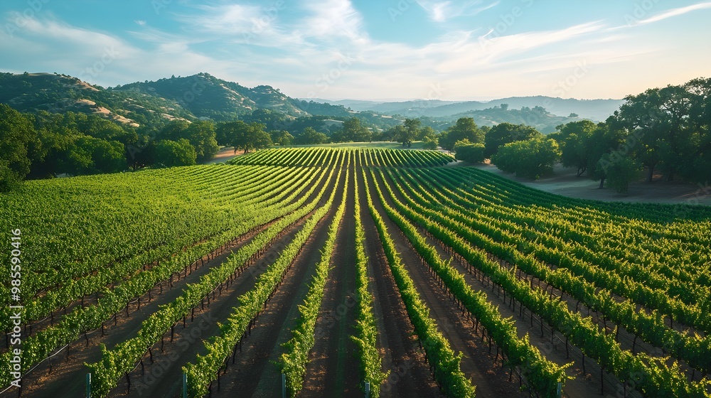 Aerial view of a vineyard with rows of grapevines stretching across rolling hills Aerial view of a vineyard with rows of grapevines stretching across rolling hills