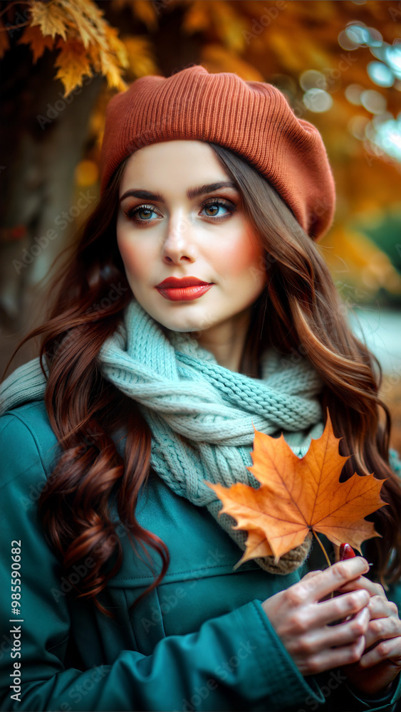 Woman in rust beret holding autumn leaf against vibrant fall foliage Woman in rust beret holding autumn leaf against vibrant fall foliage