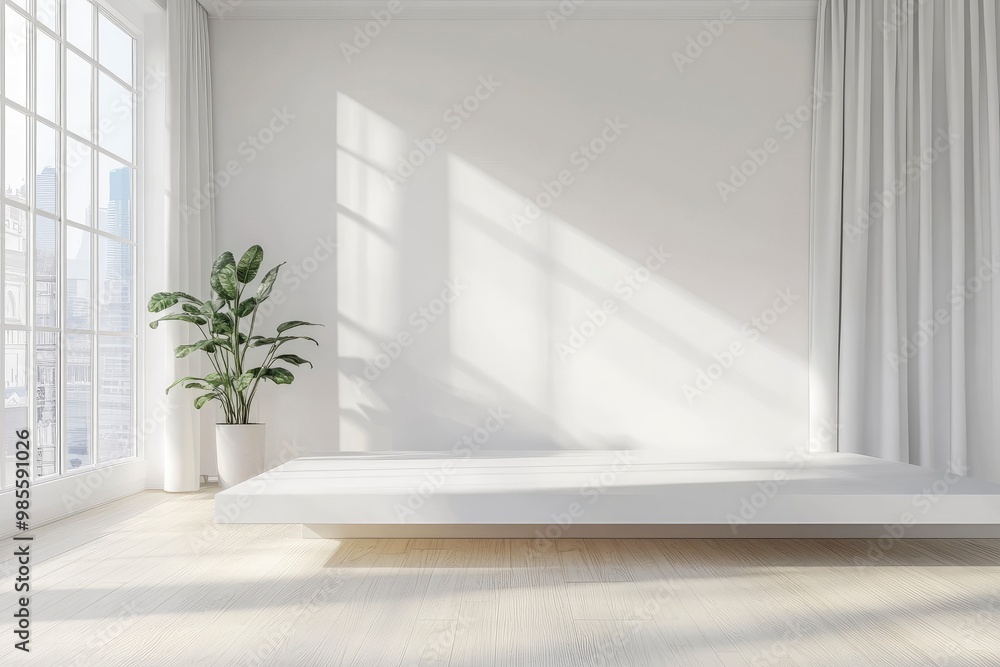 Fototapeta premium Empty top white top table in living room. For product display montage with generative ai