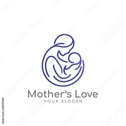Mother and baby logo vector symbol. Mom hugs her child line art round shape logo template