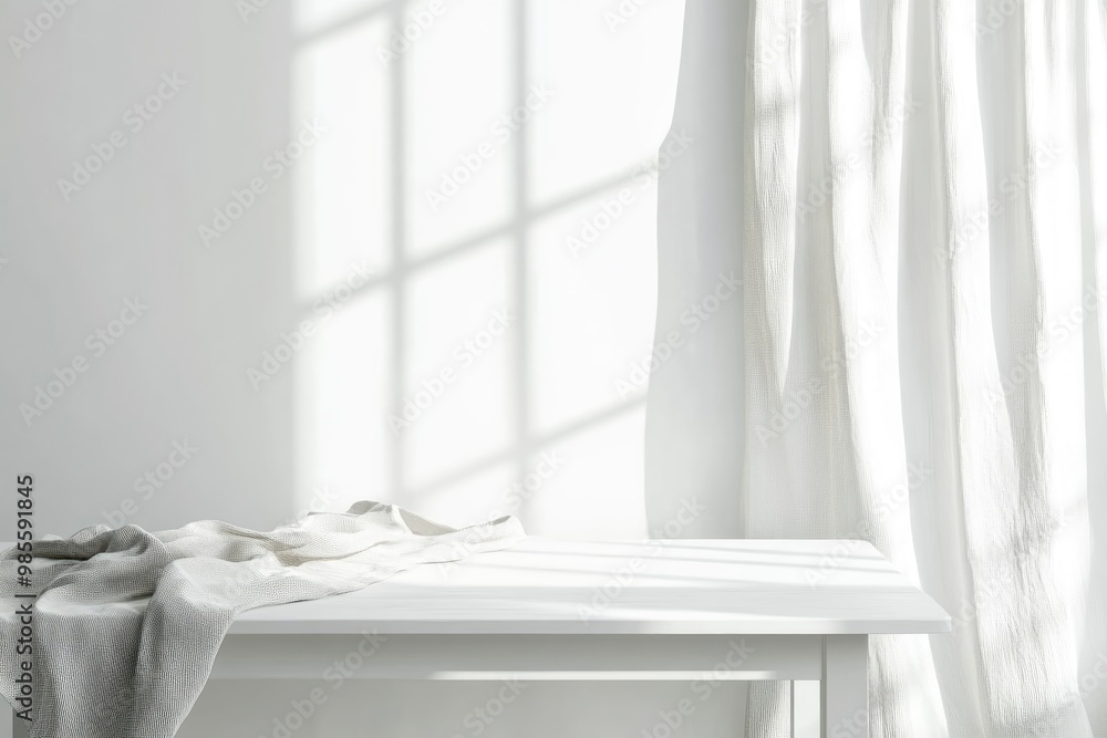 Fototapeta premium Empty top white top table in living room. For product display montage with generative ai