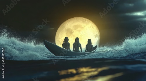 Three women sit in a canoe on the ocean, gazing at a giant full moon in the distance, surrounded by waves.