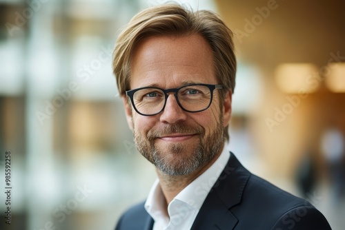 A confident man with a neatly styled beard and glasses smiles in a contemporary office space filled with natural light