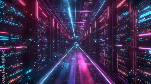 An abstract digital diorama showing the infrastructure of machine learning, with neon-lit servers and connected data nodes creating an exciting and innovative atmosphere.