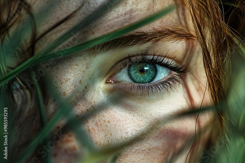 Close-up of a green eye through grass blades