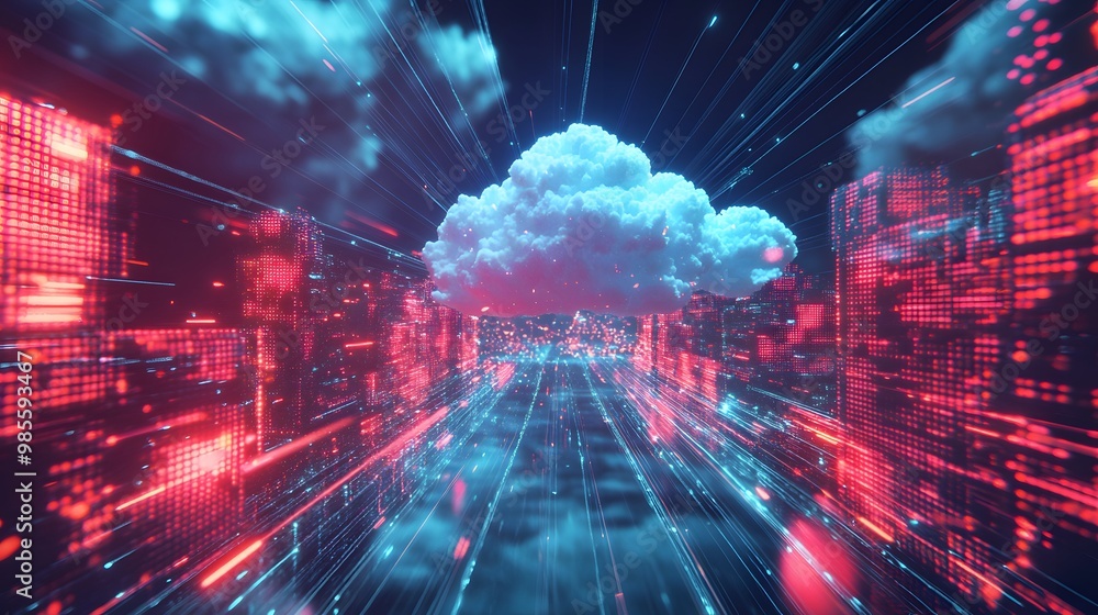 A digital diorama of a cloud-based machine learning system, with vibrant energy beams flowing between virtual servers and data nodes, creating an exciting scene of innovation. A digital diorama of a cloud-based machine learning system, with vibrant energy beams flowing between virtual servers and data nodes, creating an exciting scene of innovation.