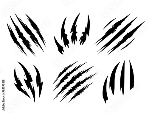 claw scratch marks vector icon set (eps). animal claw scratches reflecting tiger, bear, wolf etc wild animal attack danger. wilderness conceptual illustration. animal claw tear photo