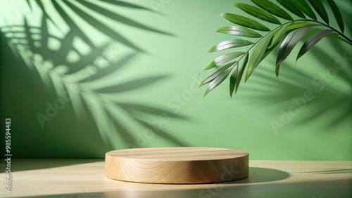 wooden podium with leaf shadow, perfect for showcasing green cosmetics or beauty products