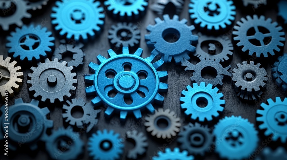 A collection of intricate blue metal gears interlocked with black gears on a dark background, showcasing the complex and interconnected nature of machinery A collection of intricate blue metal gears interlocked with black gears on a dark background, showcasing the complex and interconnected nature of machinery