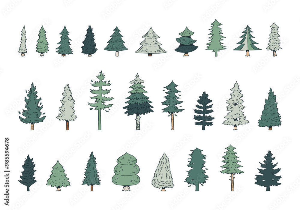 Obraz premium hand drawn side view cartoon pine tree illustration isolated on white background.