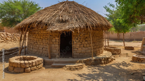 raditional northern Ghana grass hut bush village Africa. Northern region of Ghana. Rural traditional mud and straw huts and buildings. Poverty economy. photo