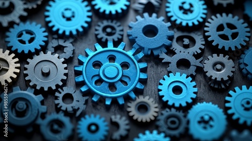 A collection of intricate blue metal gears interlocked with black gears on a dark background, showcasing the complex and interconnected nature of machinery