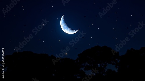 A crescent moon, illuminated by the soft glow of starlight, hangs in a canvas of deep indigo sky, silhouetted by the dark outline of trees