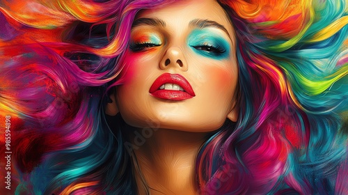 A woman with bright and colorful hair, a stylized portrait, fashion illustration.