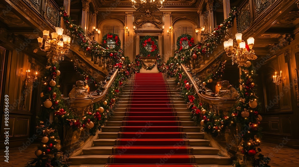 Obraz premium Festive Grand Staircase with Red Carpet and Christmas Decorations