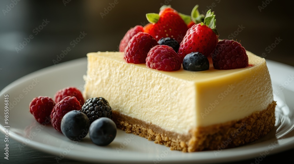 Delicious cheesecake topped with fresh berries on a white plate. Delicious cheesecake topped with fresh berries on a white plate.