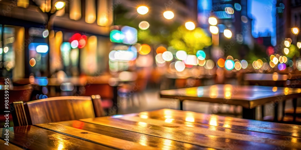 Blurry restaurant table on top desk with night street bokeh in the background Blurry restaurant table on top desk with night street bokeh in the background
