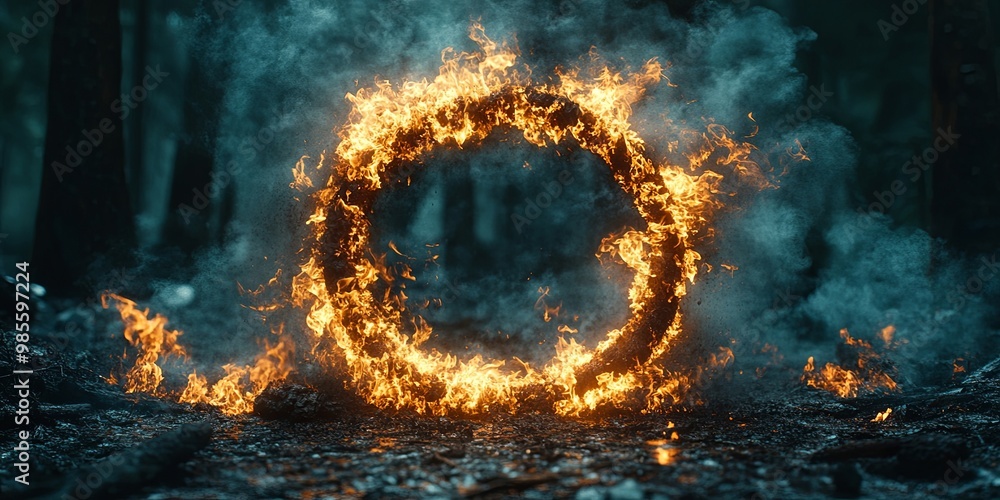 A Ring of Fire Burning Brightly in a Forest Setting, Illuminating the Smoky Atmosphere A Ring of Fire Burning Brightly in a Forest Setting, Illuminating the Smoky Atmosphere