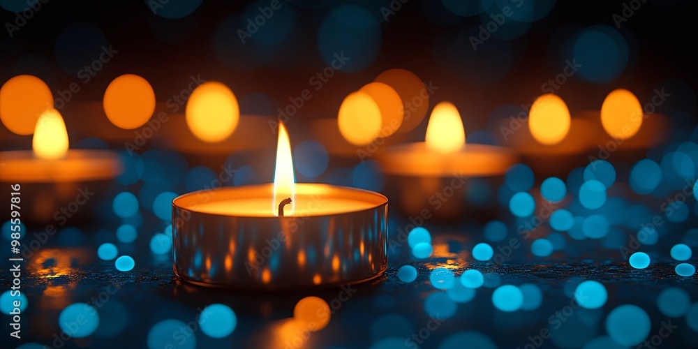 A single burning candle glows brightly against a backdrop of blurred blue and orange lights A single burning candle glows brightly against a backdrop of blurred blue and orange lights
