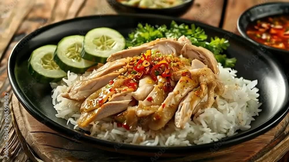 Chicken with Rice and Cucumber Slices, A Savory Asian Dish, Delicious and Flavorful, Appetizing and Easy to Make, a Perfect Meal for Any Occasion Chicken with Rice and Cucumber Slices, A Savory Asian Dish, Delicious and Flavorful, Appetizing and Easy to Make, a Perfect Meal for Any Occasion