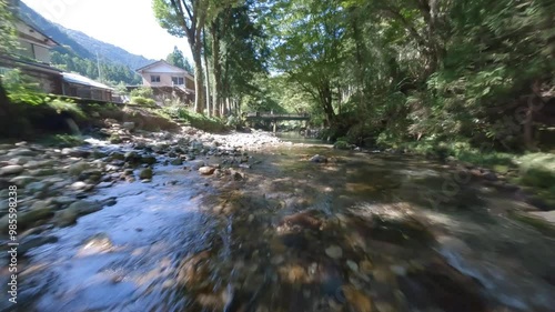 Forest river with mist and fog in Enbara Yamagata Gifu Japan photo