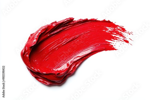 A vibrant red paint smear on a white background, showcasing texture and color.