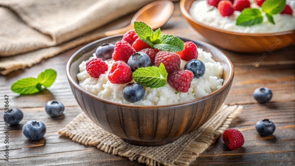 Delicious rice pudding with fresh berries and coconut for a healthy and appetizing breakfast Delicious rice pudding with fresh berries and coconut for a healthy and appetizing breakfast