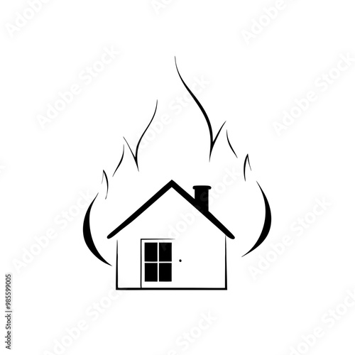 Simple black and white illustration of house on fire