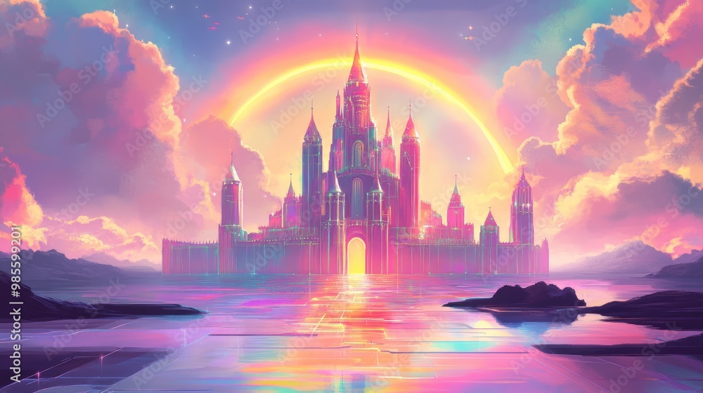 Fototapeta premium A radiant pastel castle basking in sunlight, with a softly glowing rainbow above, surrounded by a vibrant futuristic background, vector art