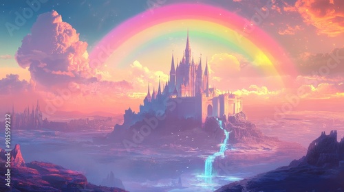 A radiant pastel castle glowing softly under the sun, with a rainbow arching above, set against a dynamic futuristic landscape, vector art