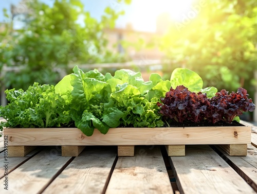 Fresh greens in a wooden planter under sunlight photo